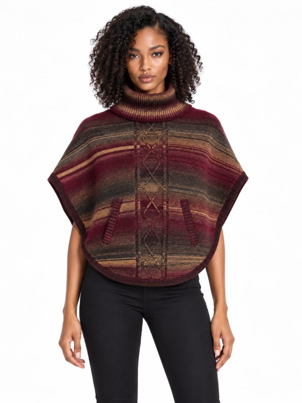 Women’s Knit Turtleneck Poncho Sweater One Size S–XL Burgundy Brown Striped Cozy